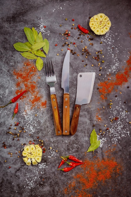 Kitchenware cleaver and spices on dark background