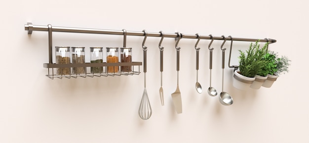 Kitchenware, dry bulk and live seasonings in pots hang on the wall