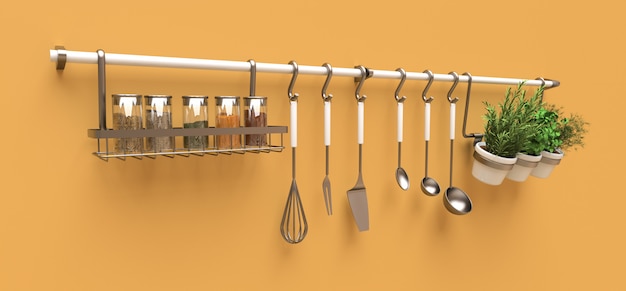 Kitchenware, dry bulk and live seasonings in pots hang on the wall