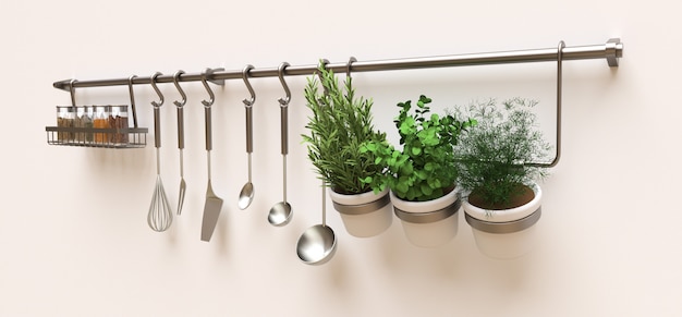 Kitchenware, dry bulk and live seasonings in pots hang on the wall