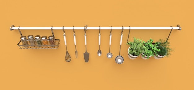 Kitchenware, dry bulk and live seasonings in pots hang on the wall