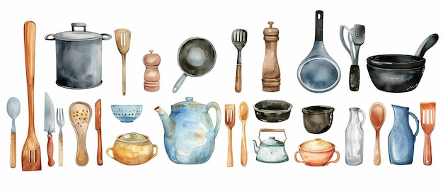 Kitchenware stickers watercolor illustration