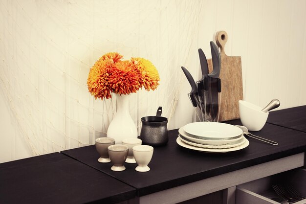 Kitchenware on table in the room