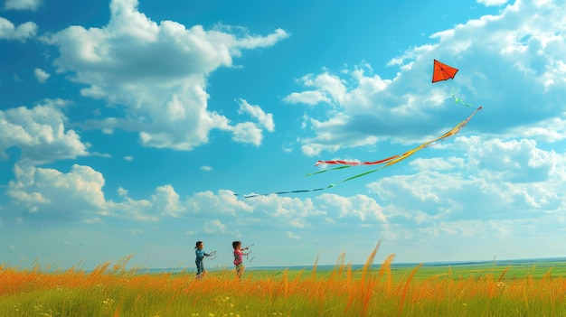 Kite flying in blue sky cloudfilled atmosphere over natural landscape AIG41