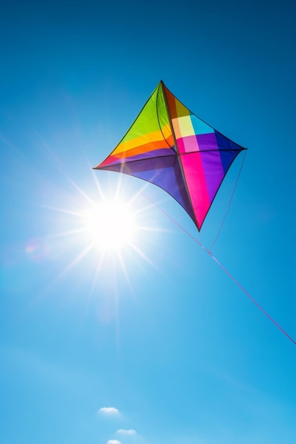 A kite flying in the sky with the sun shining on it