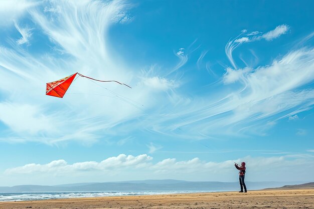 Kite flying on a windy day in blue cloudy sky