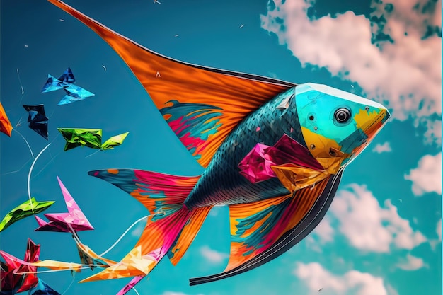 Kite in the form of a fish flying in the blue sky among clouds in concept for International Festival of Kites