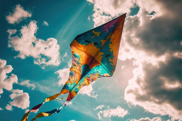Foto kite parrot che vola nel cielo blu tra le nuvole in concept per il festival internazionale degli aquiloni