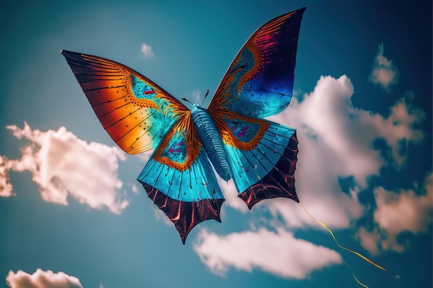 Kite in the shape of a butterfly flying in the blue sky among clouds in concept for International Festival of Kites