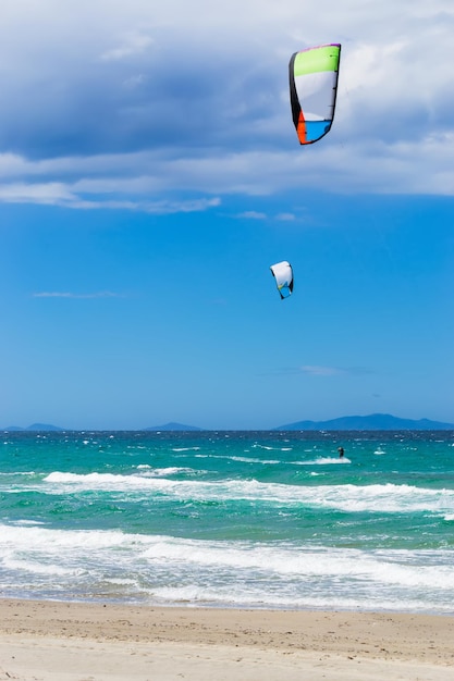 Kite surf on a windy spring day in Sardinia