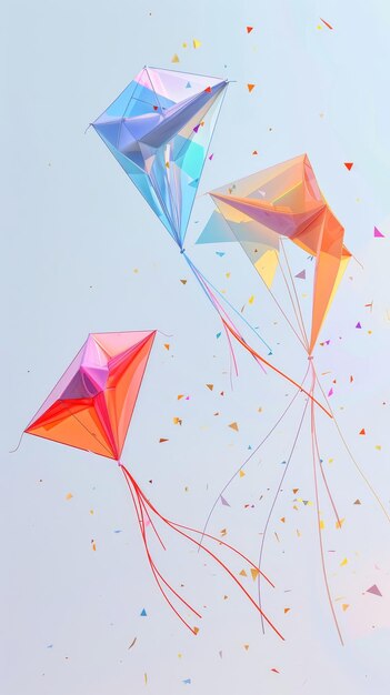 Kite vliegende vliegers en snaren in een grillige colorway 3D-stijl geïsoleerde vliegende objecten Memphis-stijl 3D rendering AI gegenereerde illustratie