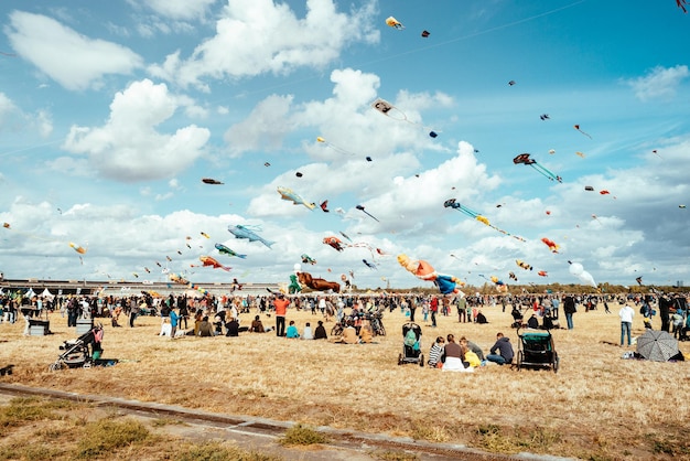 kites flying over people on field against cloudy sky