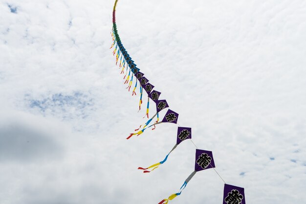 Photo kites flying in the sky among the clouds.kite festival