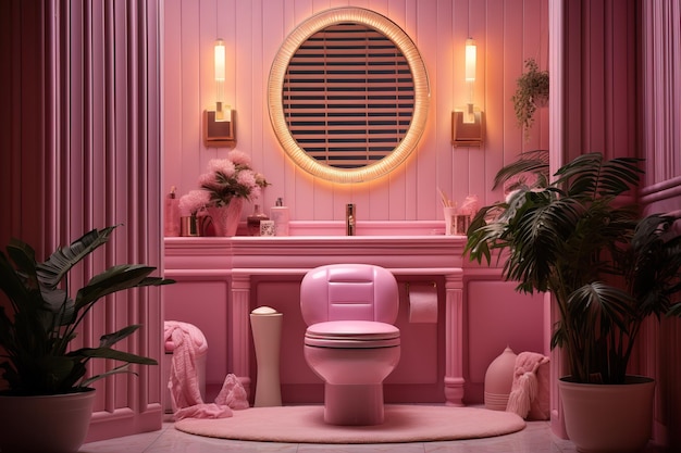Туалет в китчевом стиле в ярко-розовом цвете