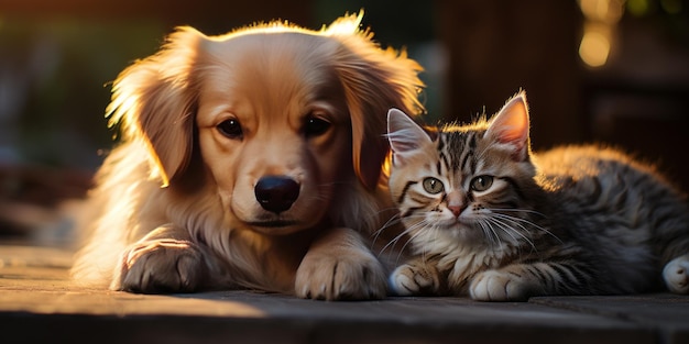 a kitten on a baby golden retriever happy and charming and warming house