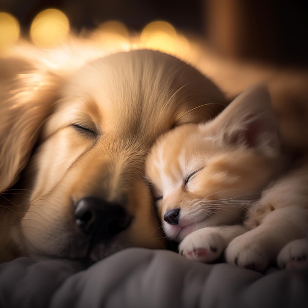 A kitten and a baby golden retriever sleep together