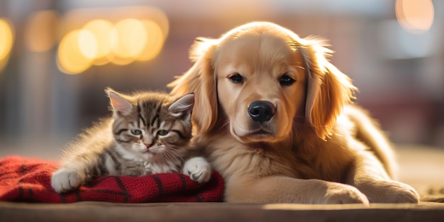 a kitten on a baby golden retriever