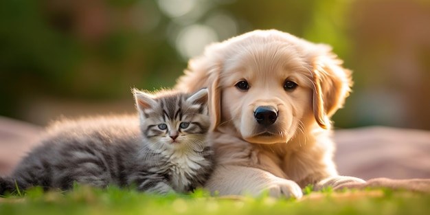 a kitten on a baby golden retriever