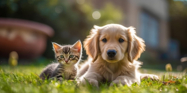 a kitten on a baby golden retriever