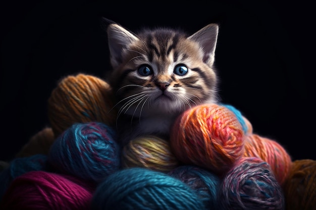 A kitten among a ball of yarn