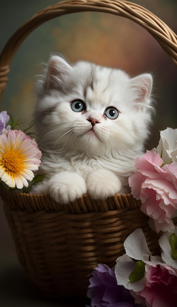 A kitten in a basket with flowers