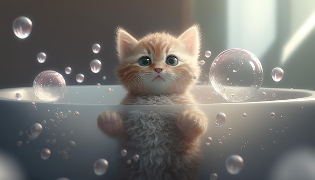 A kitten in a bubble bath