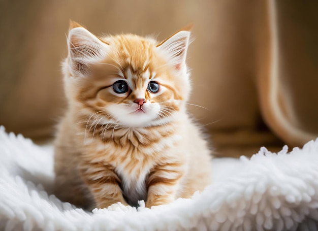 kitten cat sitting on a fluffy white blanket