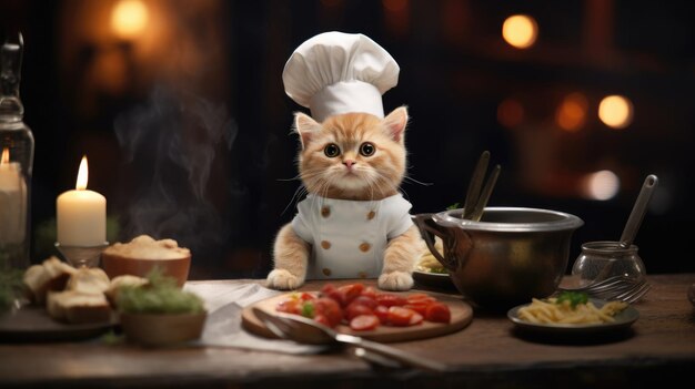 Kitten chef-kok gekleed in een chef-kok hoed en schort bereidt een gourmet maaltijd