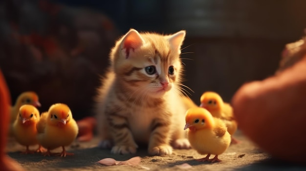 A kitten and chickens are sitting on a table.