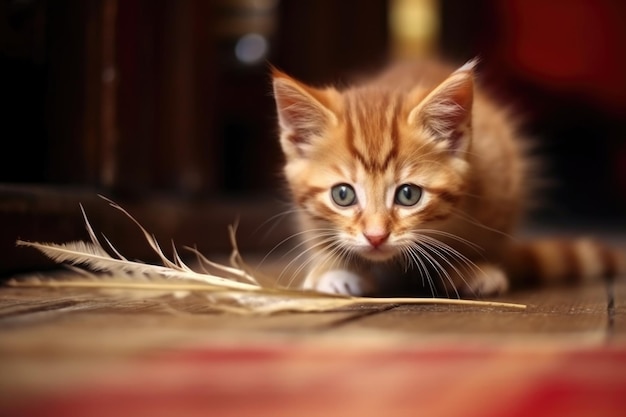 Kitten die een veer op de grond besluipt, klaar om te bespringen, gemaakt met generatieve AI