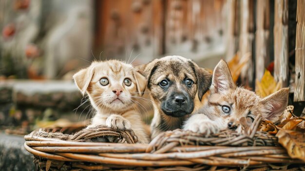 Foto un gattino e un cane sono arrotolati in un cesto e fissano con curiosità l'ambiente circostante