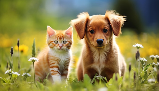 Kitten and dog playing on lawn in bright summer day with blurred background copy space available