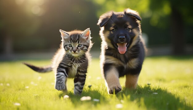 Kitten and dog playing on lawn in bright summer day with blurred defocused background and copy space