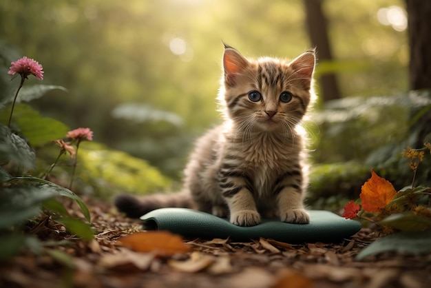 A kitten doing yoga in a beautiful colorful forest