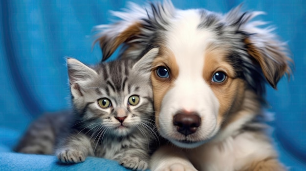 Kitten en puppy knuffelen gelukkige schattige blauwe achtergrond Generatieve AI