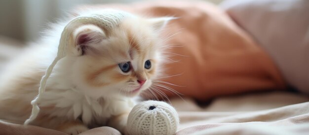 Photo kitten engaging with a stuffed toy