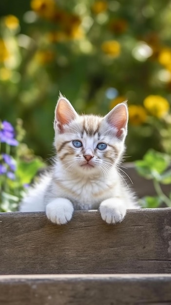 A kitten in a flower bed with a green background.