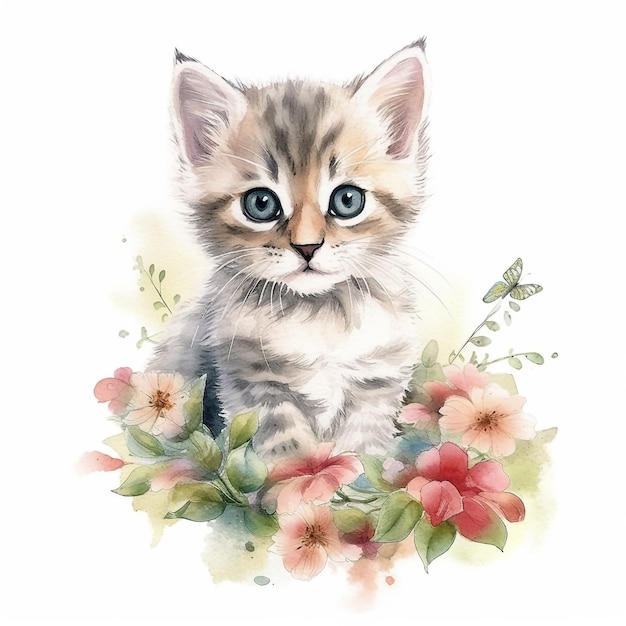 A kitten in a flower bed