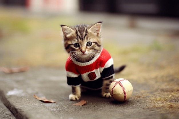 A kitten football player holds a rugby ball