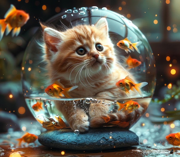 Kitten and goldfish in bowl