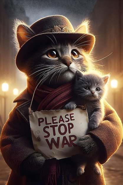 Photo kitten in the hands of a cat holding a placard with the inscription please stop war