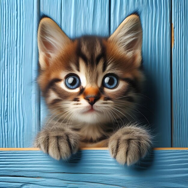青い木製の背景を眺めている猫の頭と爪
