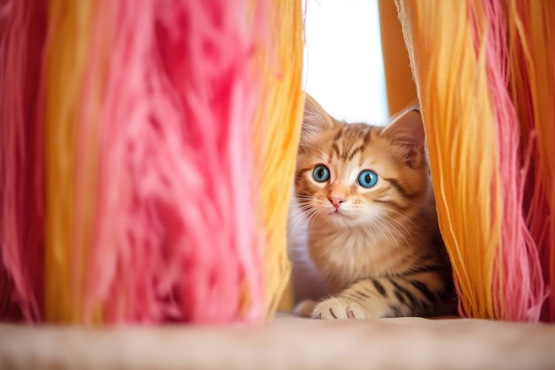Kitten hiding behind a curtain feather toy in sight created with generative ai
