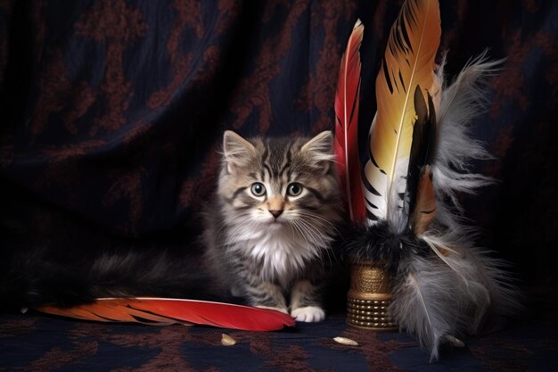 Photo kitten hiding behind objects peeking at feather