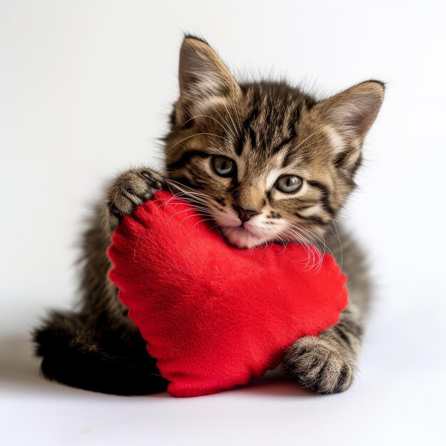 Foto gattino con un cuore rosso su uno sfondo bianco