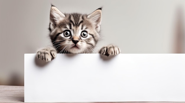 Котенок держит на себе белую табличку с надписью «кошка».