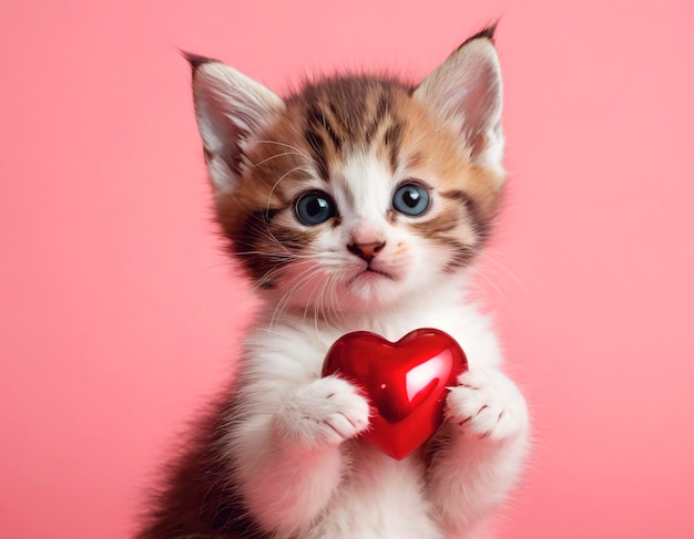 Photo kitten holds red heart in paws adorable feline captured with symbol of love