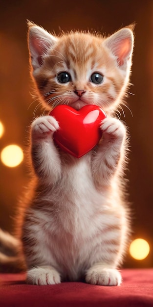 Kitten Holds Red Heart In Paws Adorable Feline Captured With Symbol of Love