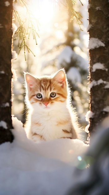 Kitten in de besneeuwde winter prachtig naaldbos op een zonnige dag