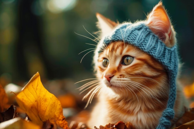 Kitten in een gebreide hoed op een wazige herfstparklandschap achtergrond met kopieerruimte